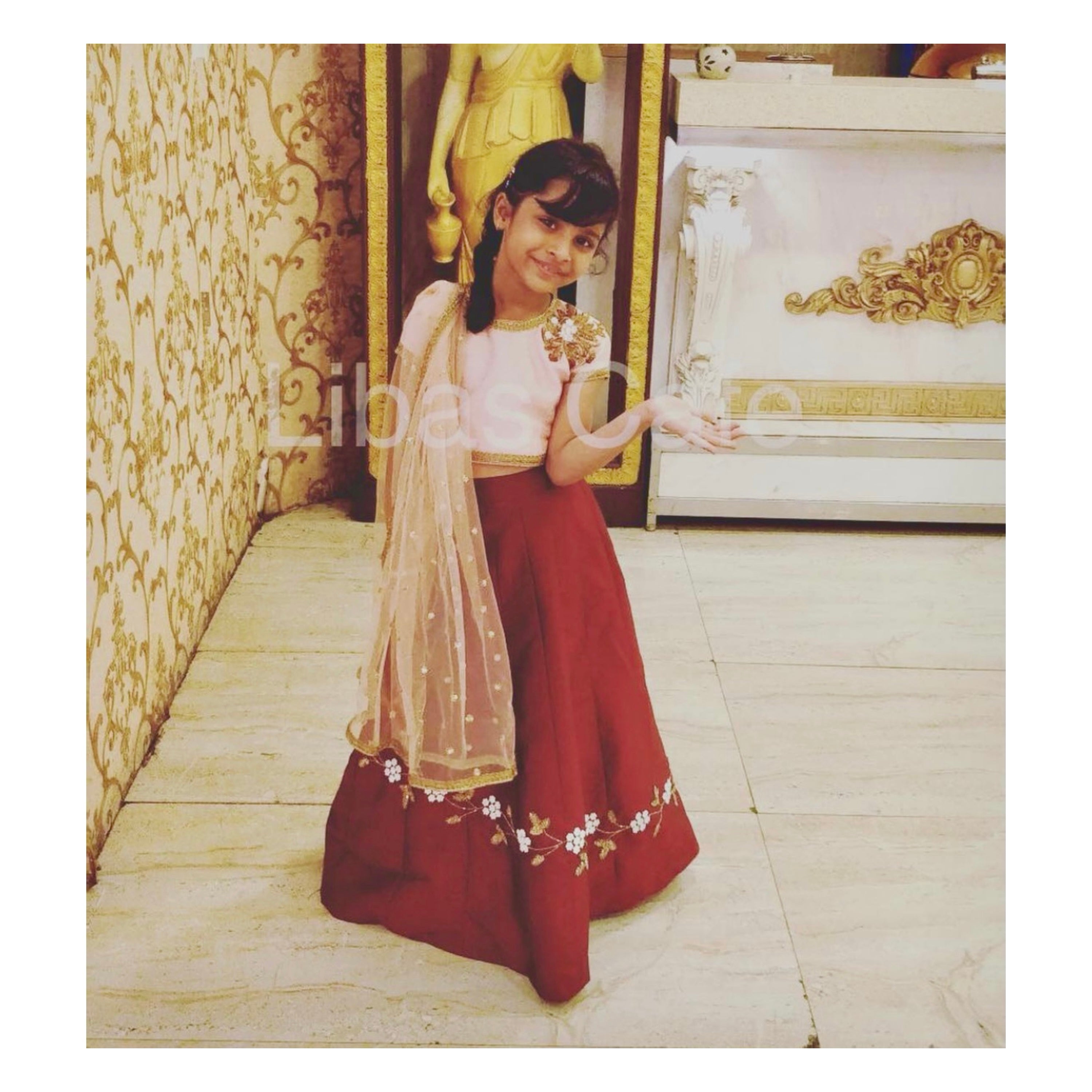 Peach Maroon Embroidered Baby Girl Lehenga
